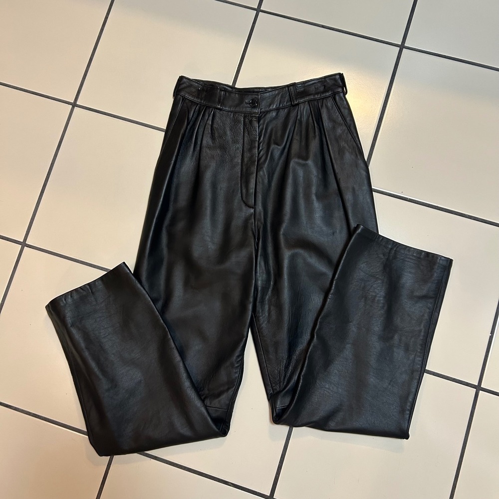 VTG Siena New York Black Leather‎ High Waisted Wide Leg Pants Women's 9/10